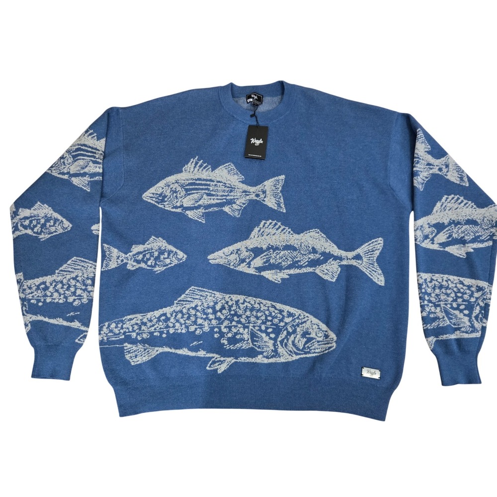 Waggle Sweater Mens 2XL Freshwater Wildknit Crewneck Blue Fish Graphic golf NEW
